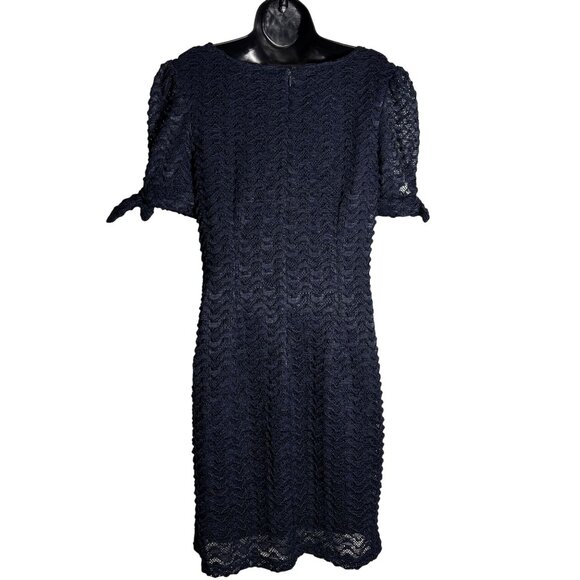 Navy/Black Lace Short Sleeve Dress By Sharagano With Bow Accents - Picture 2 of 9